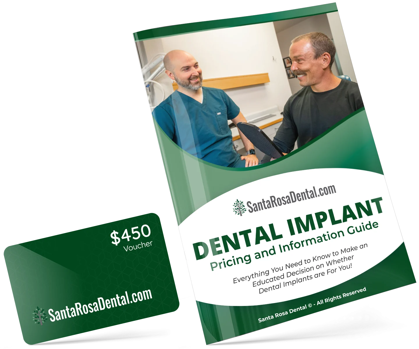 Dental Implant Pricing and Information Guide cover with a 450 dollar gift card