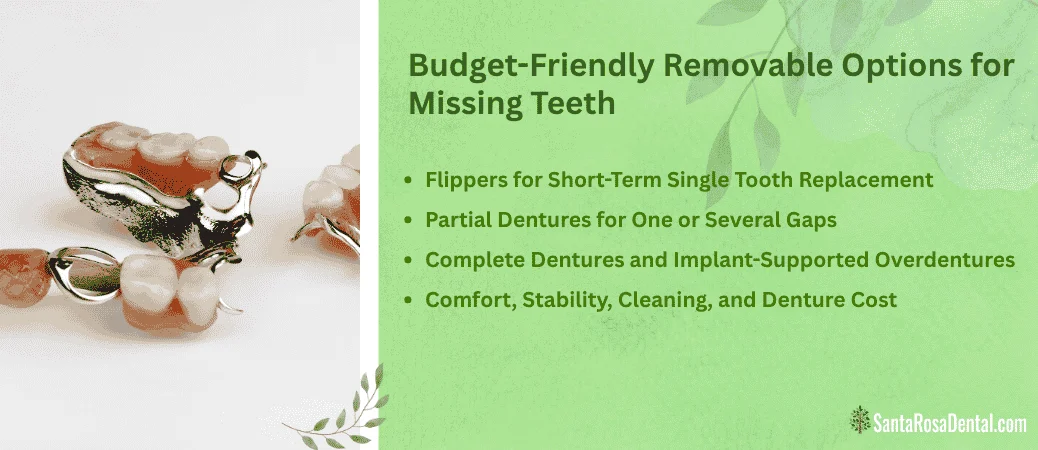 Infographic: budget-friendly removable options for missing teeth, from flippers to partial and complete dentures